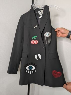 ZARA Black Embellished Longline Blazer with Sequin Patches